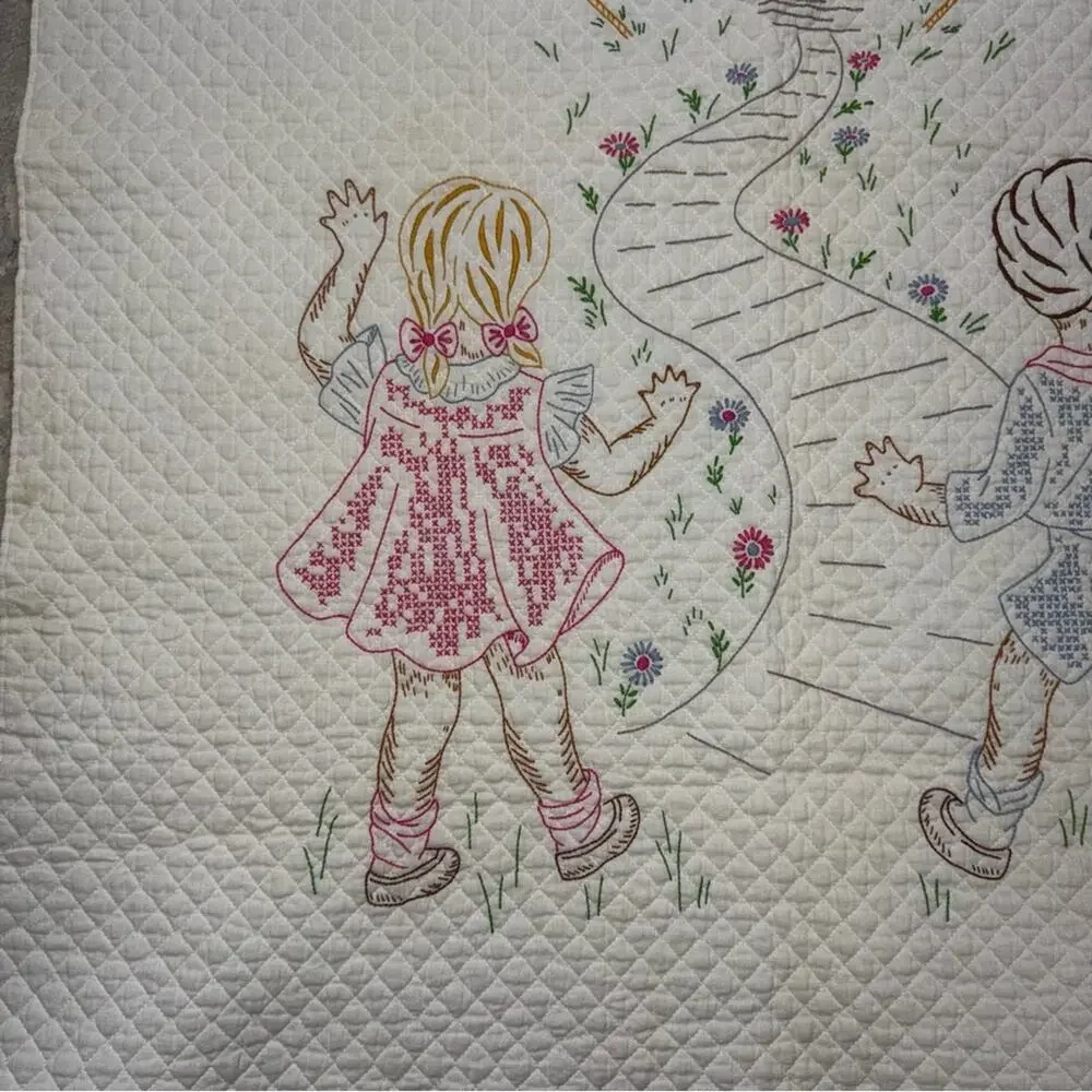 Vintage Handmade Embroidered Gingerbread House Baby Quilt 36x55